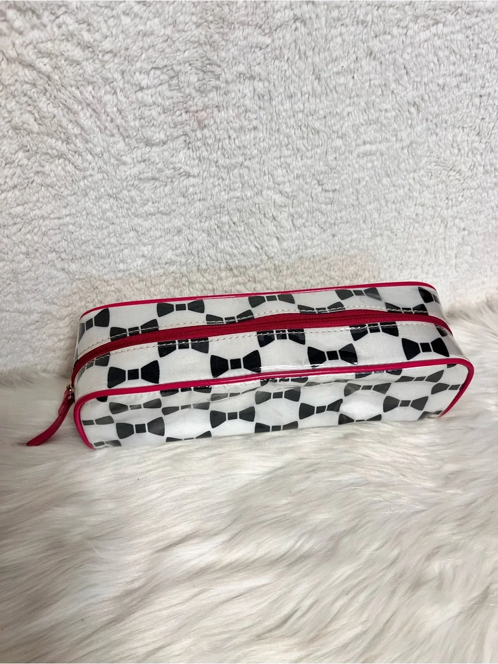 kate spade White and Black Pattern Cosmetic Pouch with Hot Pink Interior